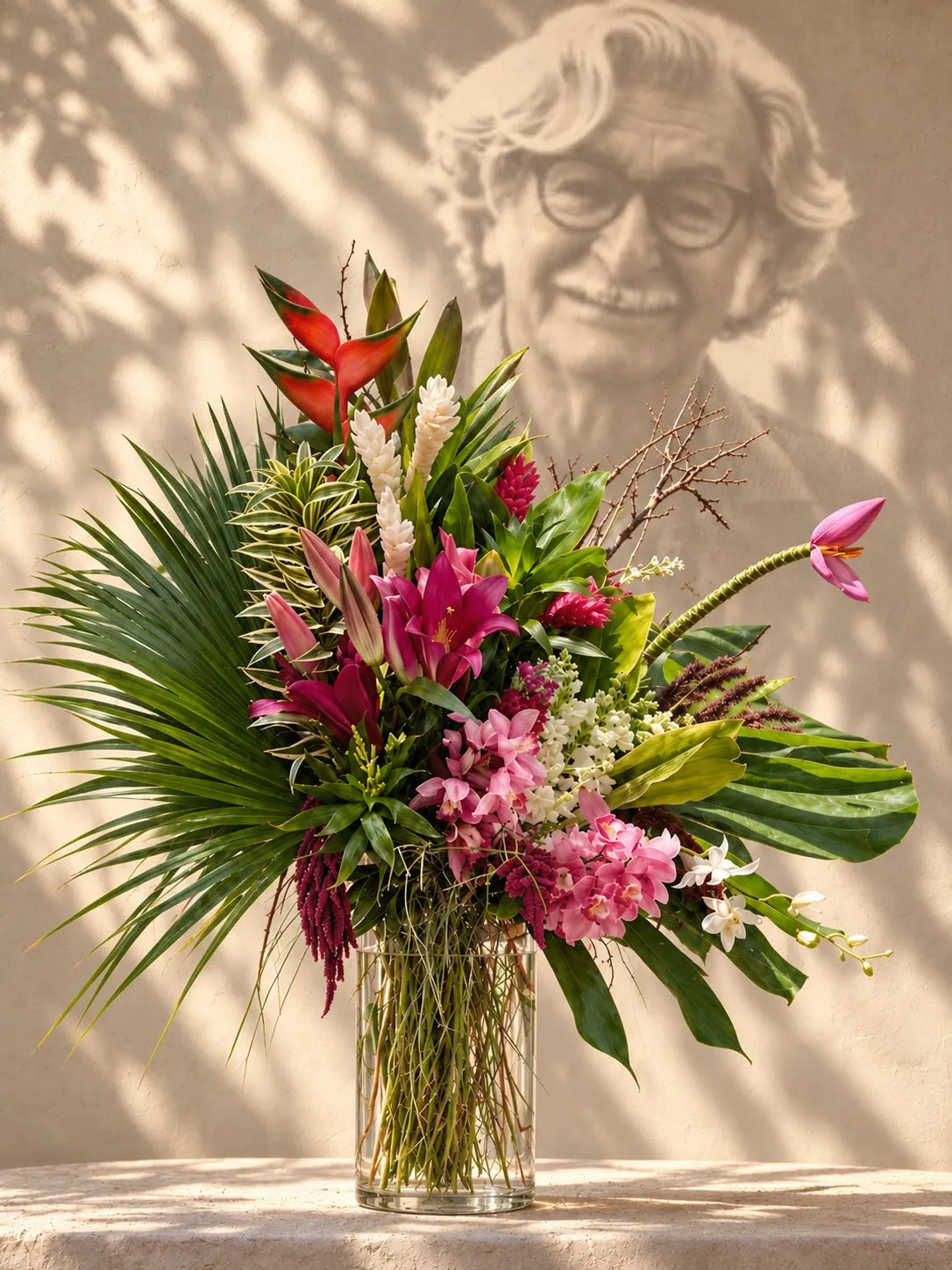Arranjo Burle Marx diante do retrato de Roberto Burle Marx projetado na parede