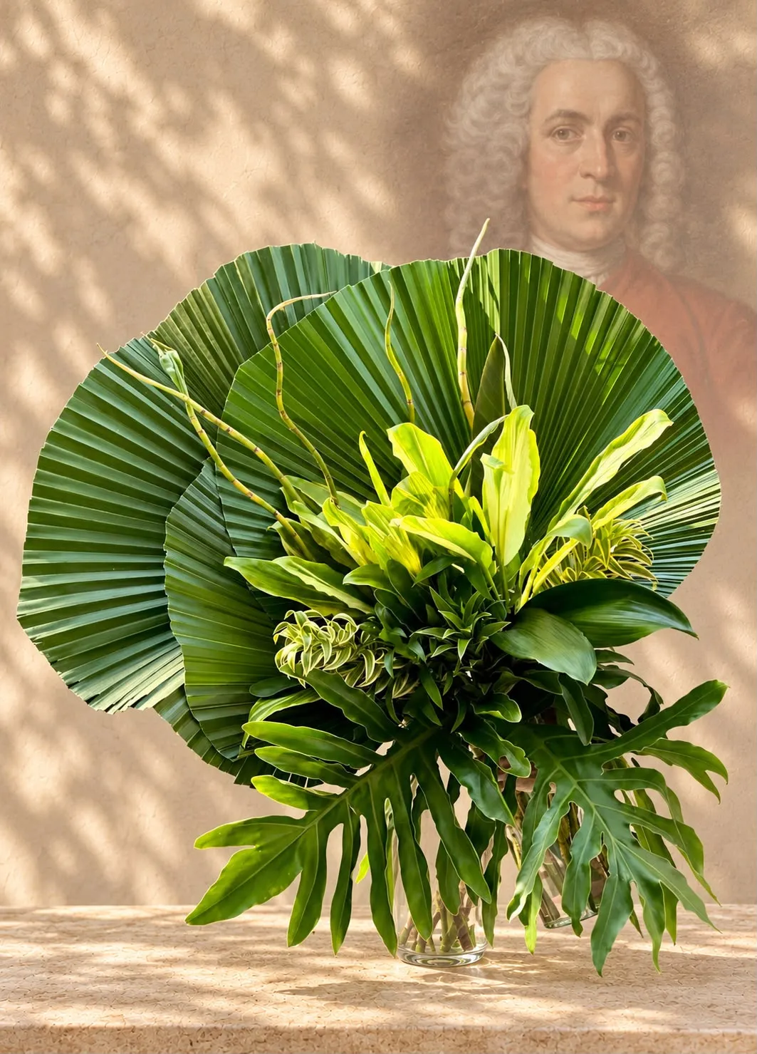 Arranjo Carl Linnaeus diante do retrato de Carl Linnaeus projetado na parede