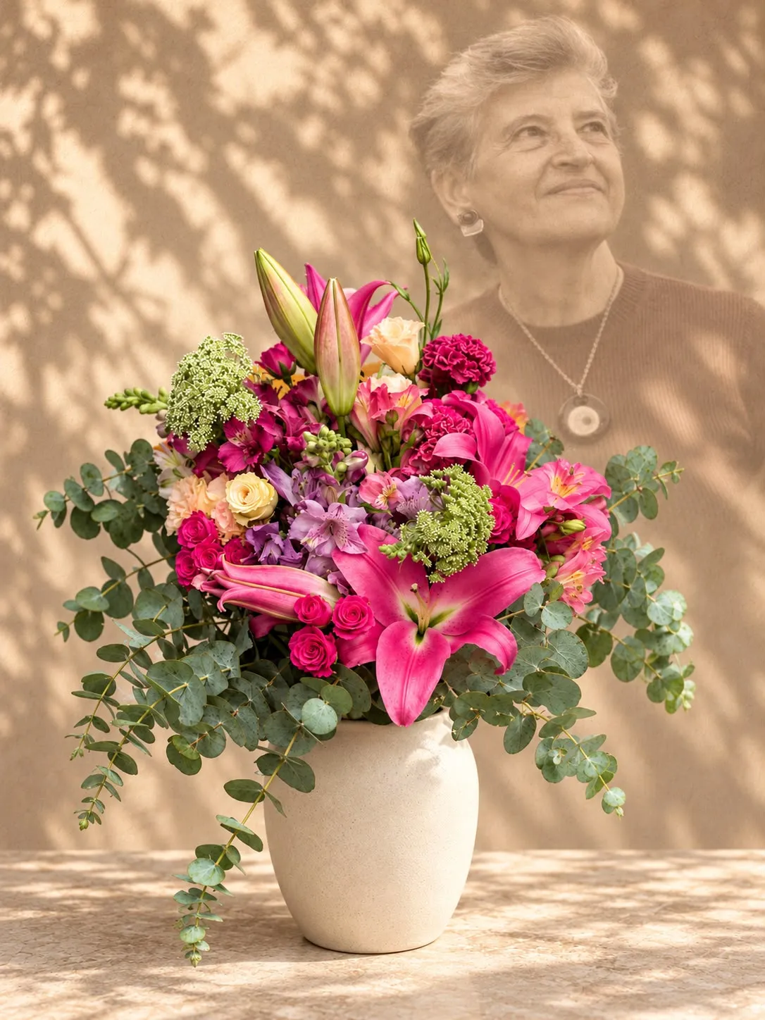 Arranjo Rosa Kliass diante do retrato de Rosa Kliass projetado na parede